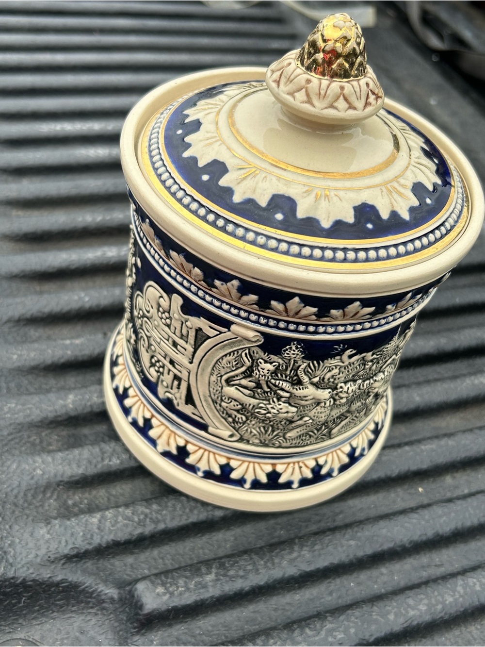 Ornate Ceramic Covered Jar in Navy and Cream